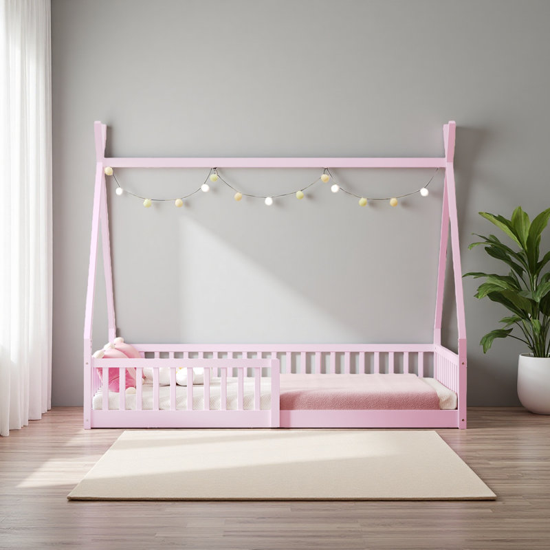 Twin Size Wood House Bed With Fence, Pink