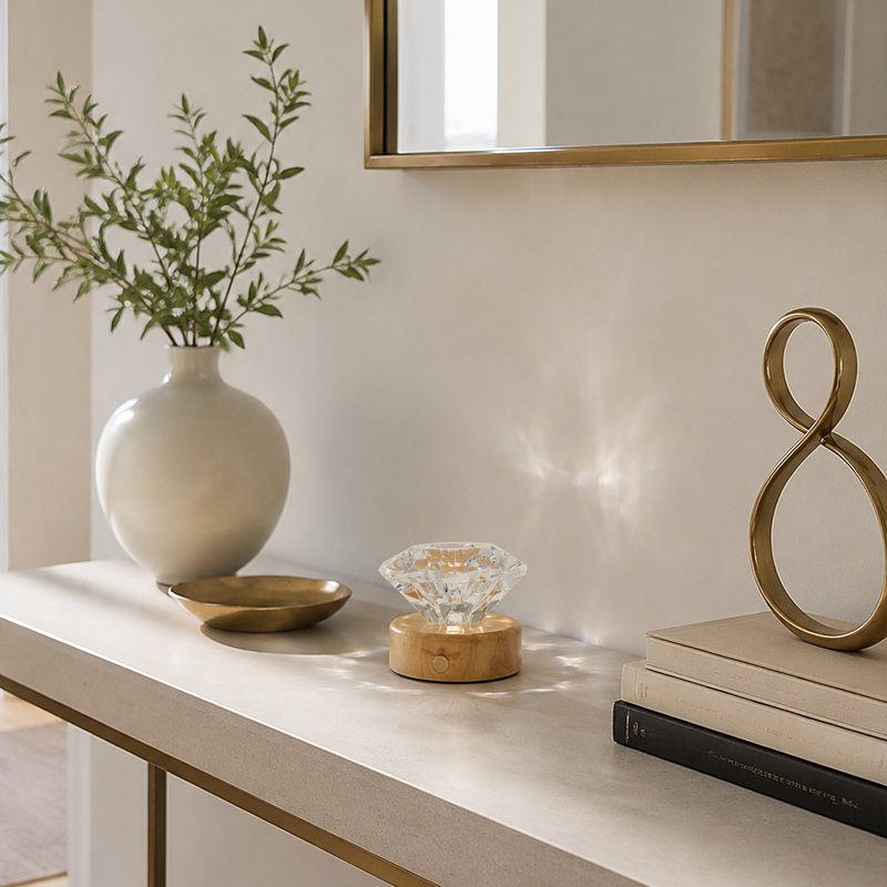 Lampe de table moderne en forme de diamant, fini bois naturel pour entrée (paquet de 2)