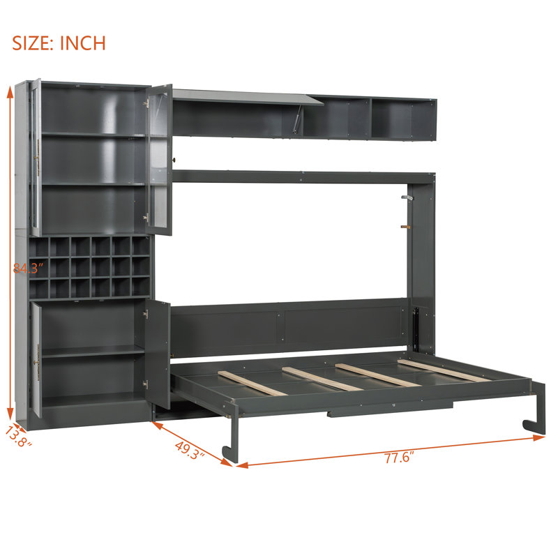  Lit escamotable double pleine grandeur avec canapé, tablettes de rangement, ports USB et éclairage, gris, gris, Double