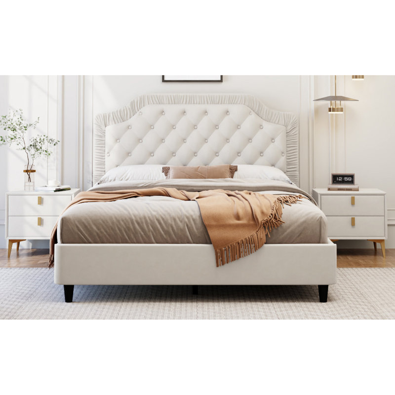 Grand lit tapissier avec tête de lit en velours, sans sommier, bois massif, capacité de poids de 600 lb, Grand lit, Blanc
