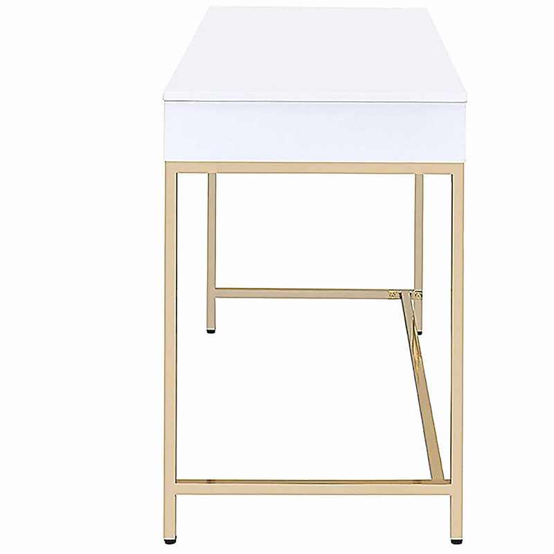 White glossy gold edge 2 drawer writing desk
