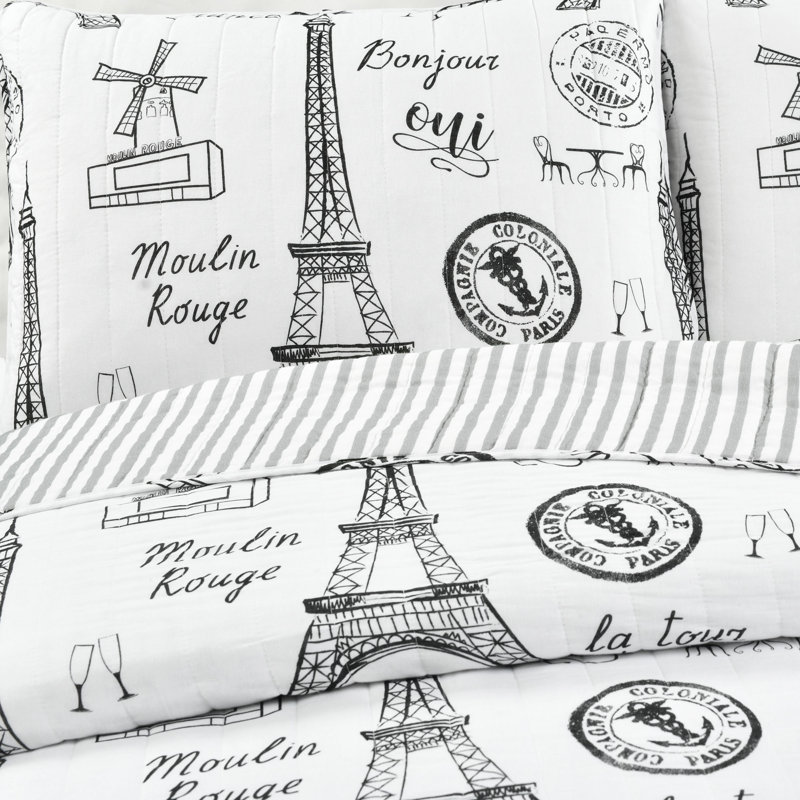 Paris France Black Standard Cotton 320 TC Reversible 3 Piece Quilt Set (Set of 3)