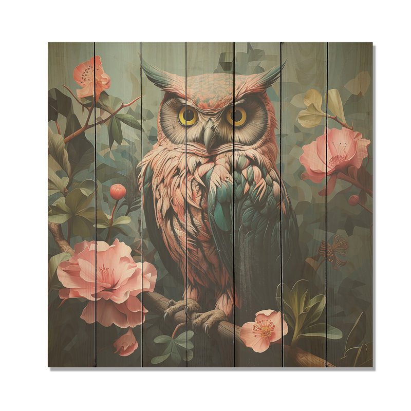 Hiboux bleus et roses, regard floral, forêt II, H 15 po x l 15 po