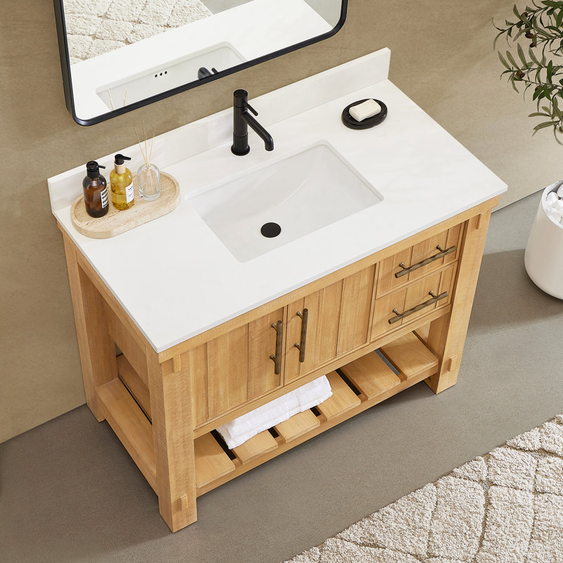 Meuble-lavabo simple 42 po Wiegers en gris acacia classique avec plateau en pierre de quartz blanc pur