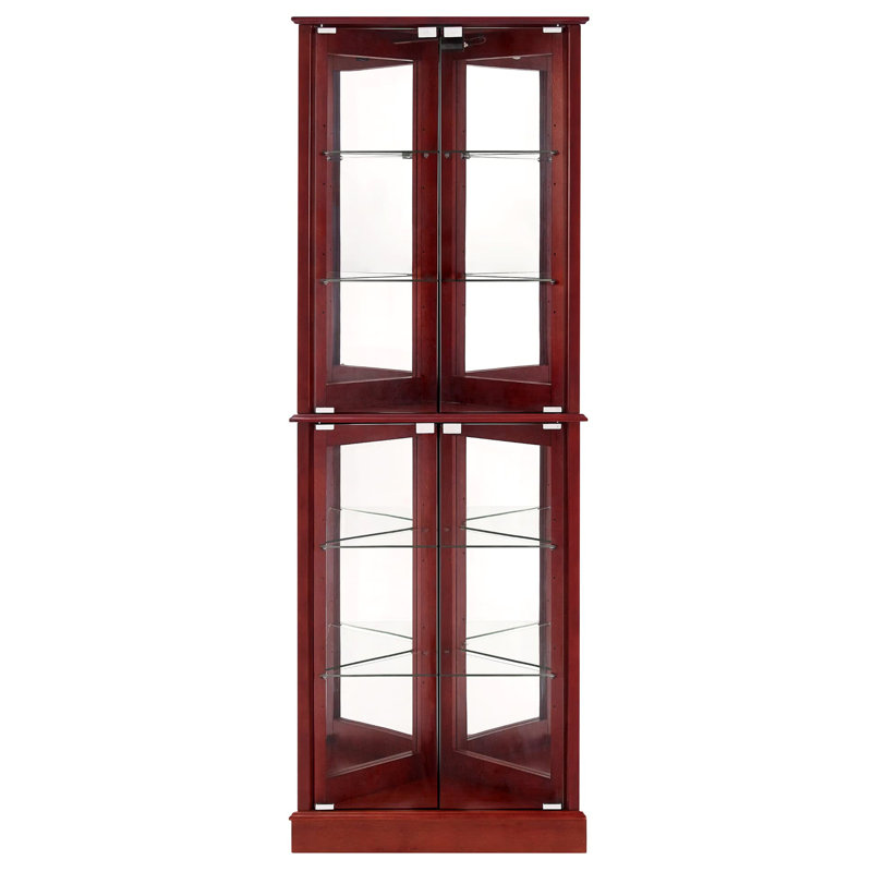 Mirrored Back Corner Curio - Adjustable Shelves Lights Cherry Cherished Keepsakes Showcase Cabinet With Dishes Display