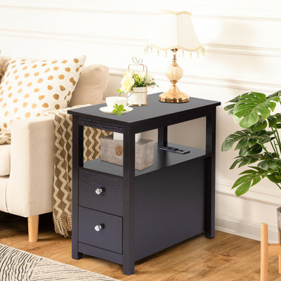 Table de chevet transitionnelle avec station de charge USB, table de chevet en bois, armoire de rangement à 2 tiroirs pour la maison et la cuisine, 1 pièce