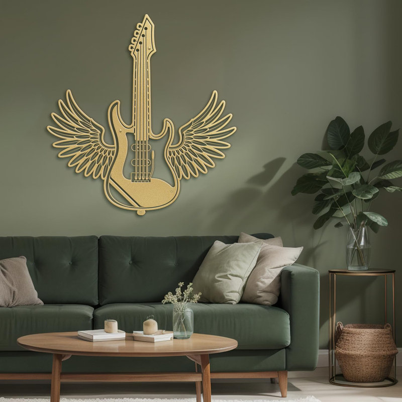 Guitare électrique avec aile minimaliste moderne abstrait décoratif décoratif suspendu, H 36 po x l 33,96 po x P 0,05 po