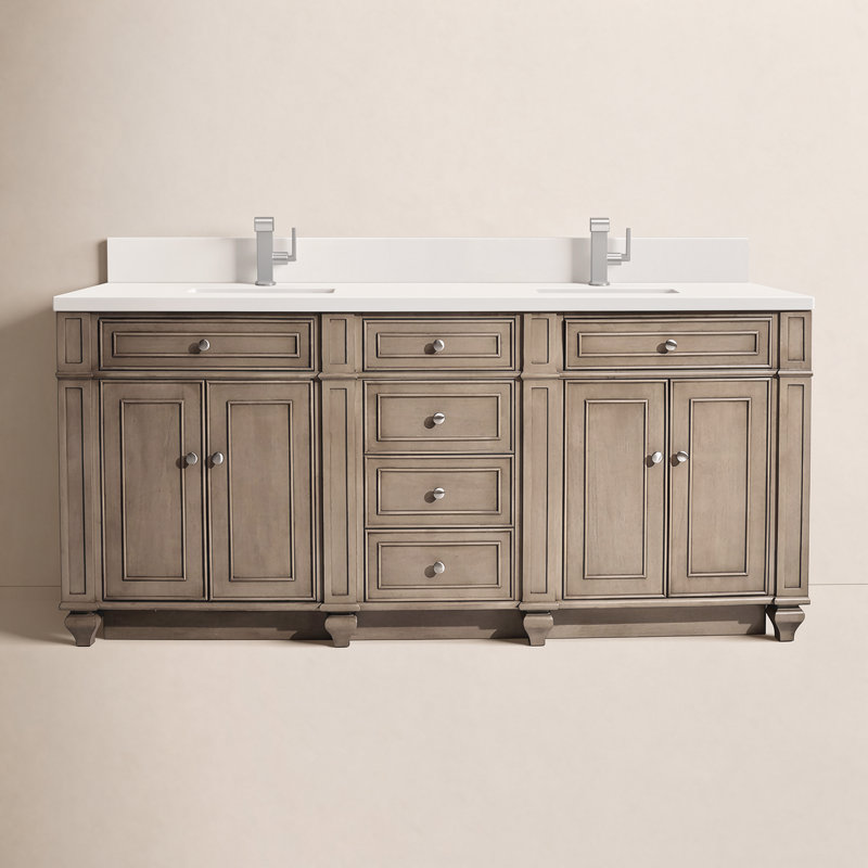 Bristol 72'' W Double Vanity, Whitewashed Walnut, Carrara White, 8" Widespread