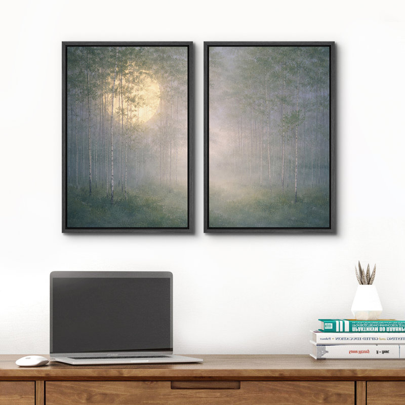 «Misty Birch Forest with Rising Moon», reproduction d'art sur toile encadrée pour chambre principale, 2 pièces, Noir