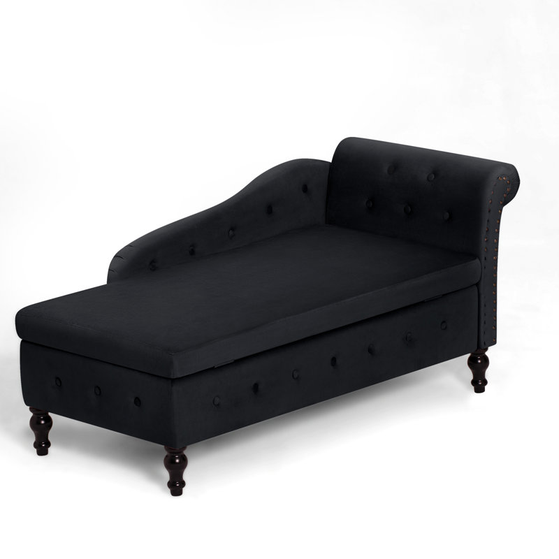 Chaise longue en velours avec accoudoir droit et espace de rangement, Noir, noir, noir, noir
