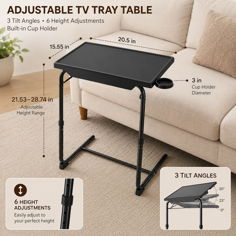 Table-télé pliante réglable, inclinable et porte-gobelet