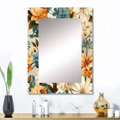 Plutarchos rétro nostalgie beige et bleu Blooming Garden - miroir mural floral, miroir décoratif de chalet, art en métal imprimé