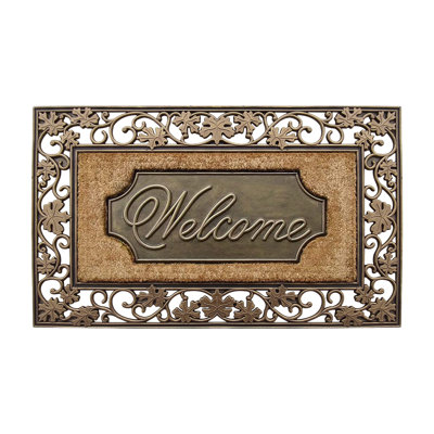 Onalaska Natural Coir & Rubber Non-Slip Heavy-Duty "Welcome" Doormat – 18" x 30" Indoor/Outdoor Entry Mat with Floral Design, Bronze
