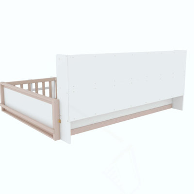 Kids Wooden Platform Bed Frame with Guardrail Fence, Side Storage Shelves & Book Shelf, Space Saving Floor Bed