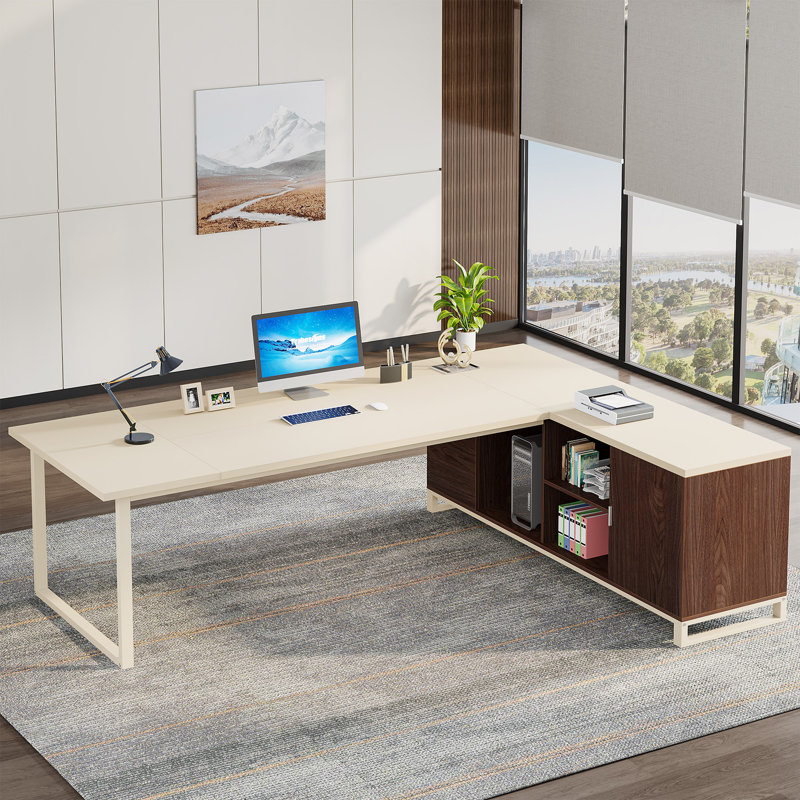 70.87'' Executive Desk and File Storage Cabinet, Beige/Walnut