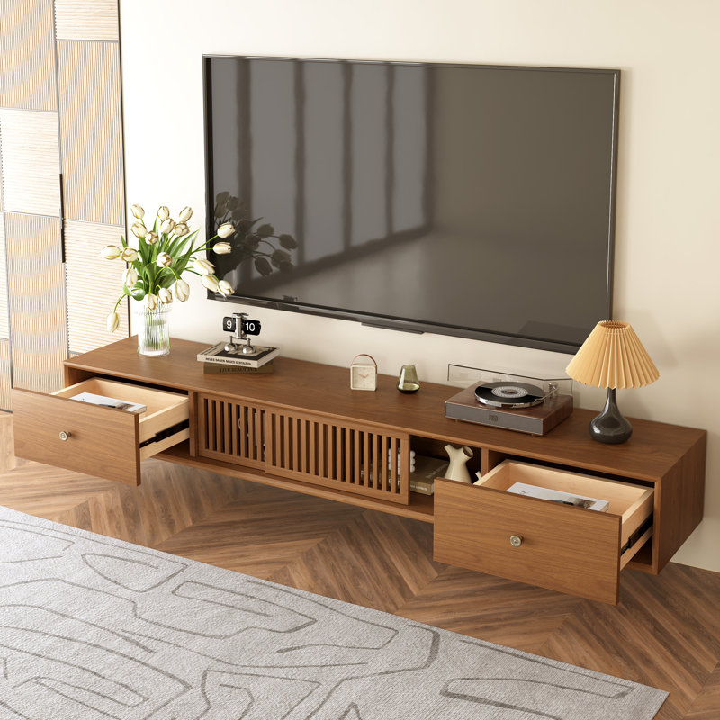 8.7” Floating Solid Wood TV Stand with Louvered Sliding Doors, Drawers & Ventilation Holes, Wall-Mounted Media Console for Living Room