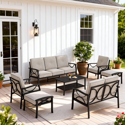 Outdoor Furniture Set with 4" Cushions, 9-Person All-Weather Metal Frame Patio Furniture Set, 7-Piece Outdoor Patio Set with Ergonomic Back Support