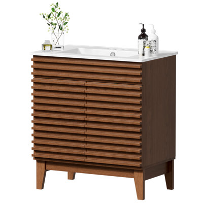 Katie With Sink, Mid-Century Freestanding Katie Sink With Storage, Undermount Ceramic Sink, Particleboard Frame With Wood Grain Laminate