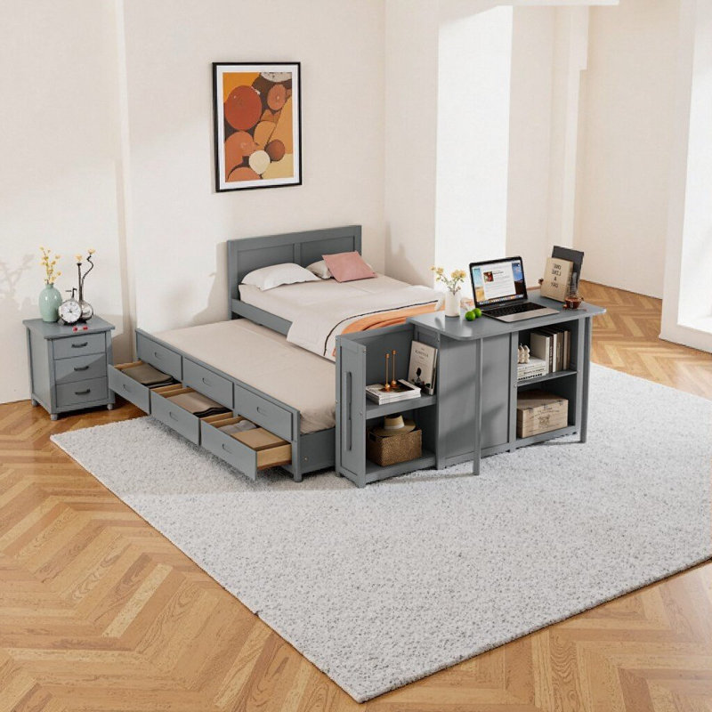 Lit plateforme simple en bois gris avec bureau intégré, lit gigogne, tablette de rangement et 3 tiroirs | Lit multifonctionnel peu encombrant