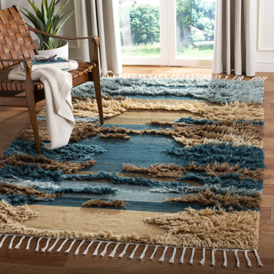 Tapis abstrait en laine / coton noué à la main Inelda - bleu / brun / beige