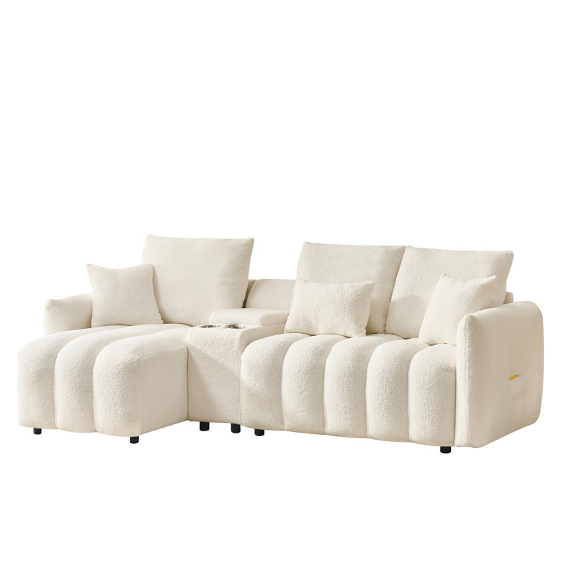 Canapé d'angle 92 po blanc cassé en peluche avec console USB et rangement - Grand canapé modulaire à 5 places pour le salon