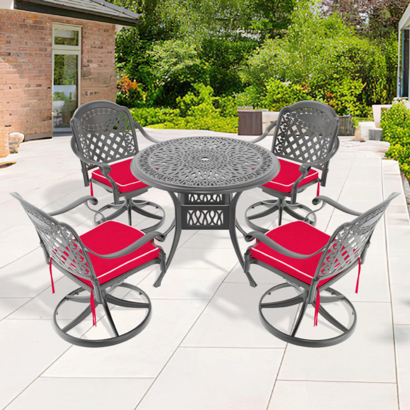 All-Weather Cast Aluminum Dining Set, Include Swivel Chairs And Round Table With Black Frame, 4