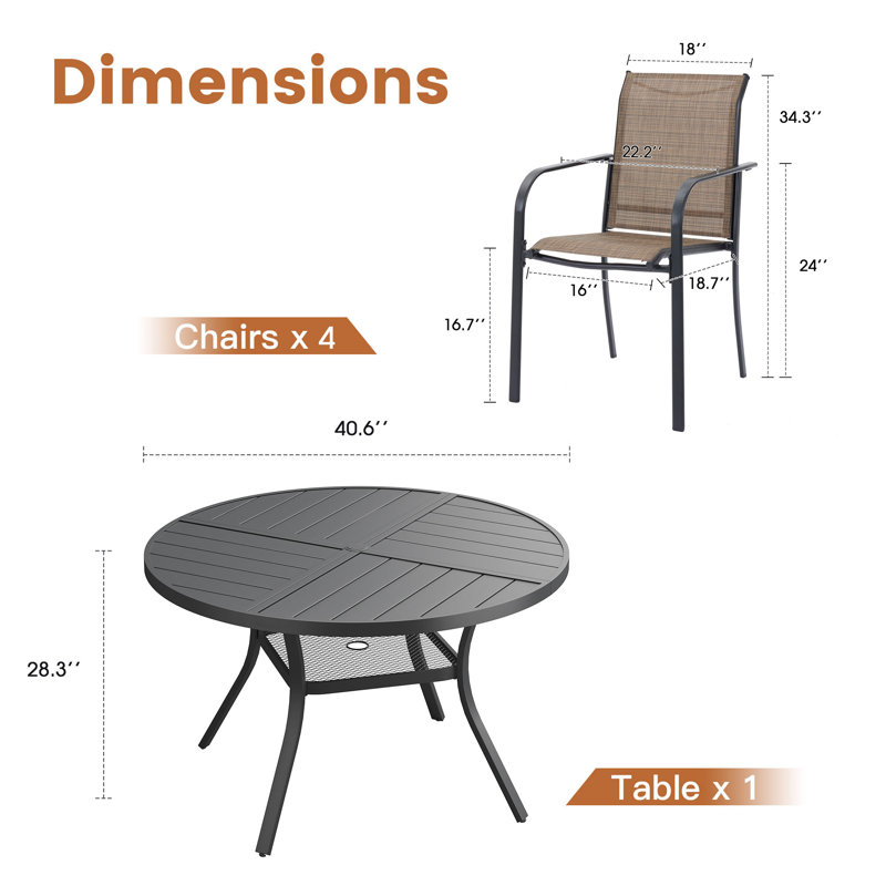 4-Person Patio Dining Set with Round Dining Table and 4 Stackable PVC-coated polyester Armrest Chairs, Black/Brown
