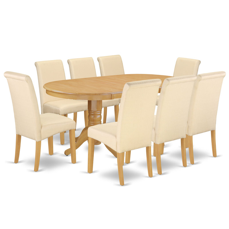 Ensemble de table de cuisine 9 pièces comprenant une table ovale à rallonge papillon et 8 chaises de salle à manger Parson en lin beige clair, 101,6 x 193,2 cm, chêne