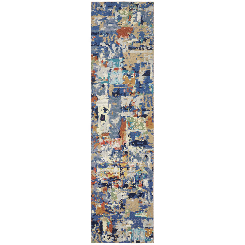 Wool Abstract Area Rug in Blue, Runner 2'6" x 12'