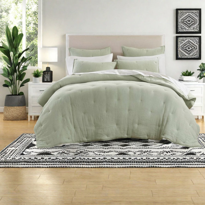 Ensemble de literie en coton de qualité supérieure, courtepointe sauge 3 pièces très grand avec texture brodée