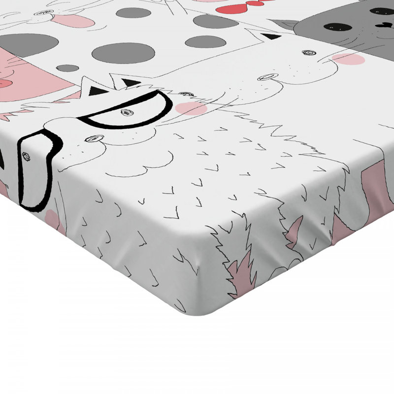 Queen Size White and Pink Microfiber Cat Print Fitted Sheet