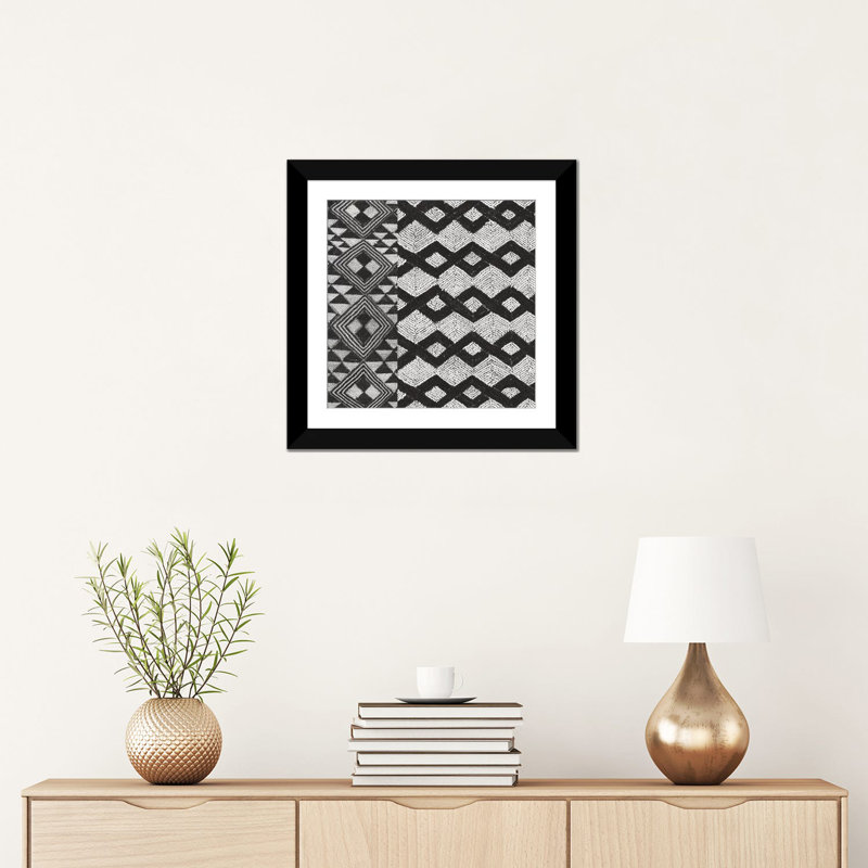 «Kuba Tissu Mat I, B&W», impression sur toile, H 16 po x l 16 po x P 1 po, Papier d'art encadré noir, Blanc