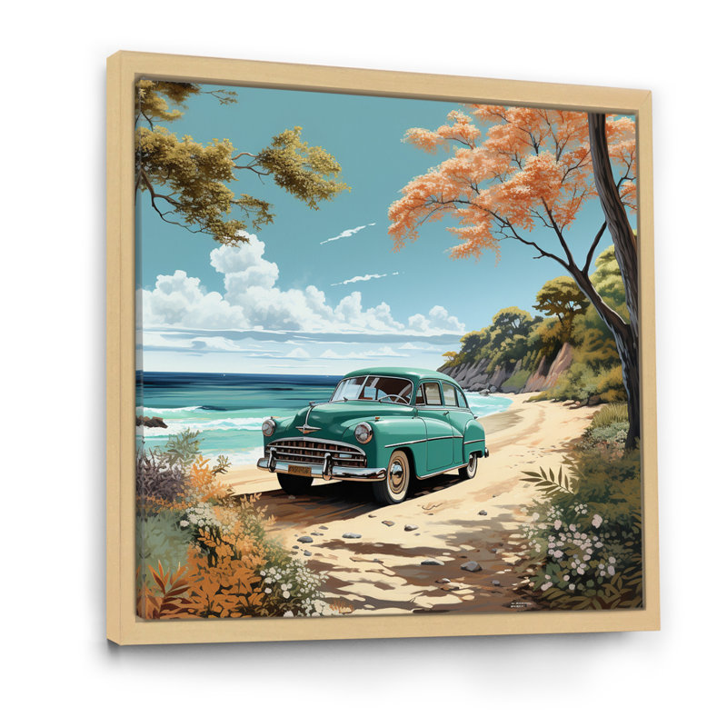 Vintage Oldtimer Classic Turquoise Car Beachside sur impression sur toile, 24" H x 24" W, Cadre naturel flottant