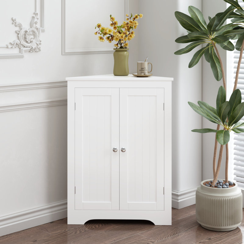 Adjustable Shelf White Corner Cabinet For Bathroom, Kitchen, Living Room, Bedroom - Freestanding Narrow 2-door Floor Storage With 2 Doors And For Room Captivating