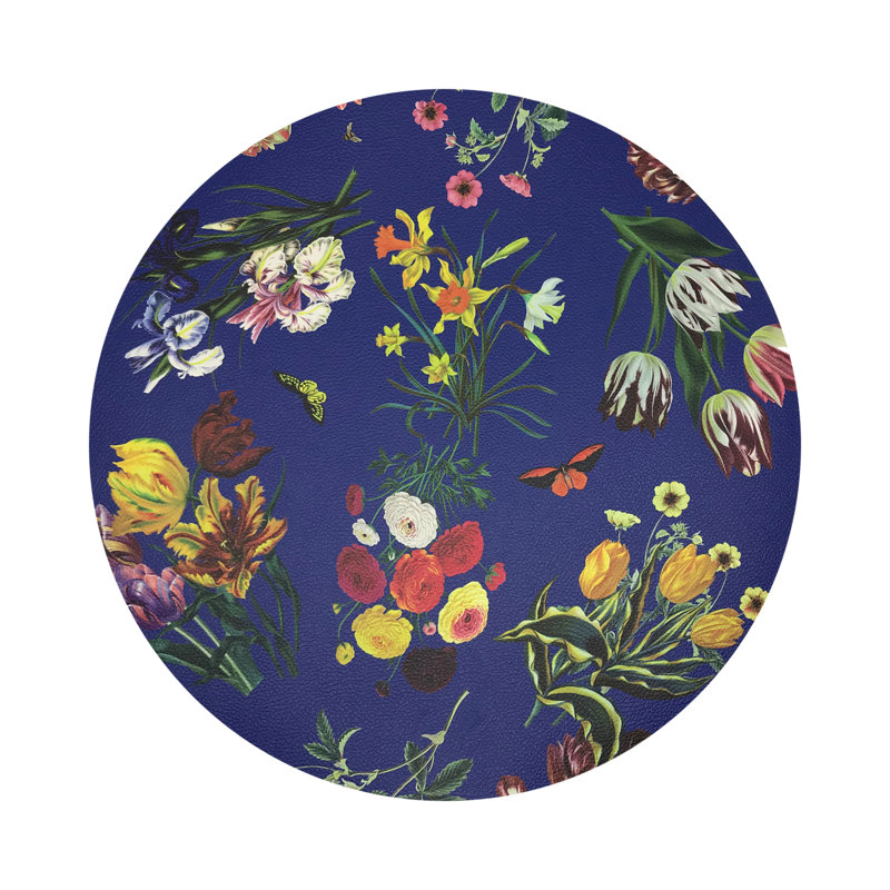 Flora Fauna Black Vegan Leather Round Coasters, Blue