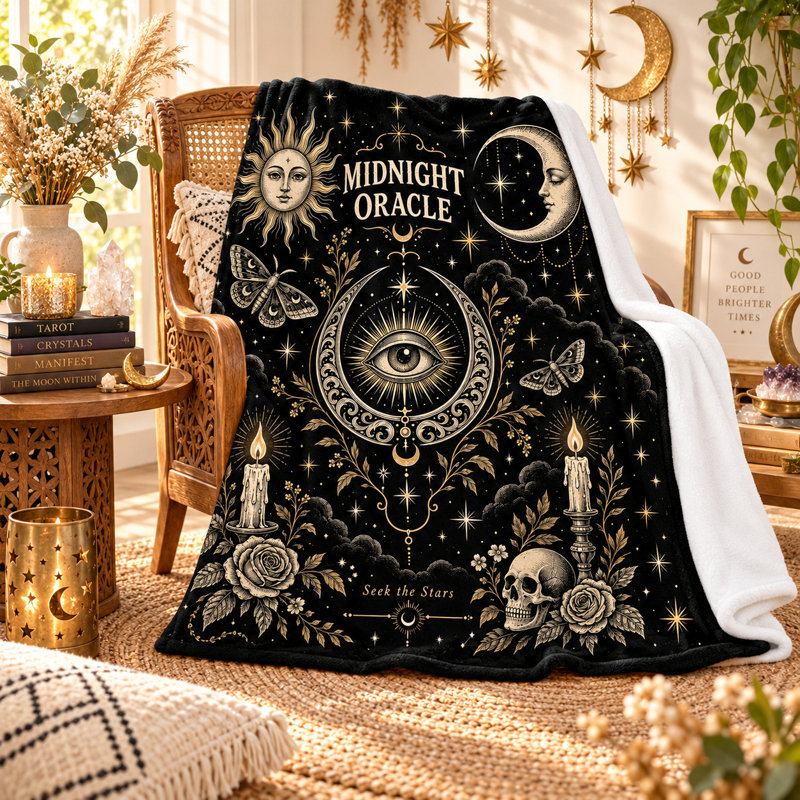 Black Gold Oracle Blanket, Celestial Flannel Throw with Eye, Crescent Moon, Moths, Roses and Candle Artwork for Couch, Bed, Reading Corner and Travel, 60 x 80 in