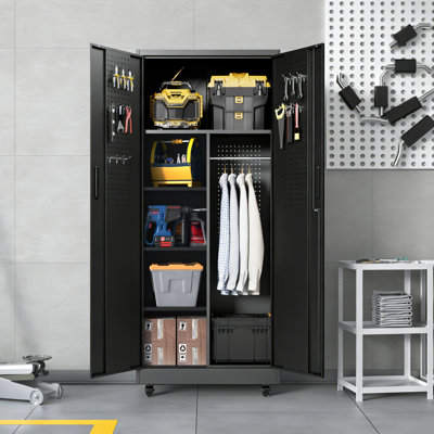 71" H x 31.5" W x 15.7" D Black Metal Storage Cabinet with Hanging Rod, Lockable Rolling Tool Cabinet with 3 Adjustable Shelves, Pegboard Doors & 8 Hooks