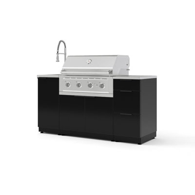 Outdoor Grill Island Aluminum Black 5 Piece Cabinet Set with Sink, 3 Drawer, Grill Cabinet, 36" Natural Gas Performance Grill, 16" SS Top and Chrome Faucet