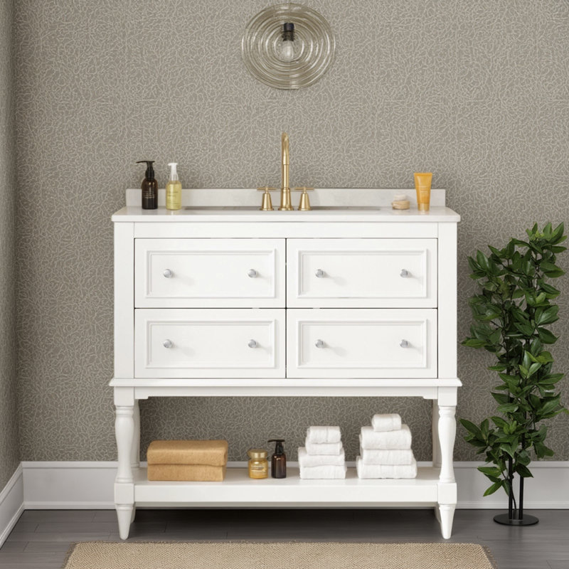 Ensemble de meuble-lavabo autoportant blanc de 36 pouces: lavabo intégré sous le comptoir en céramique, armoire en bois massif avec 4 tiroirs, combinant durabilité et capacité de rangement, pour une sensation de fraîcheur et de simplicité dans la salle de bain