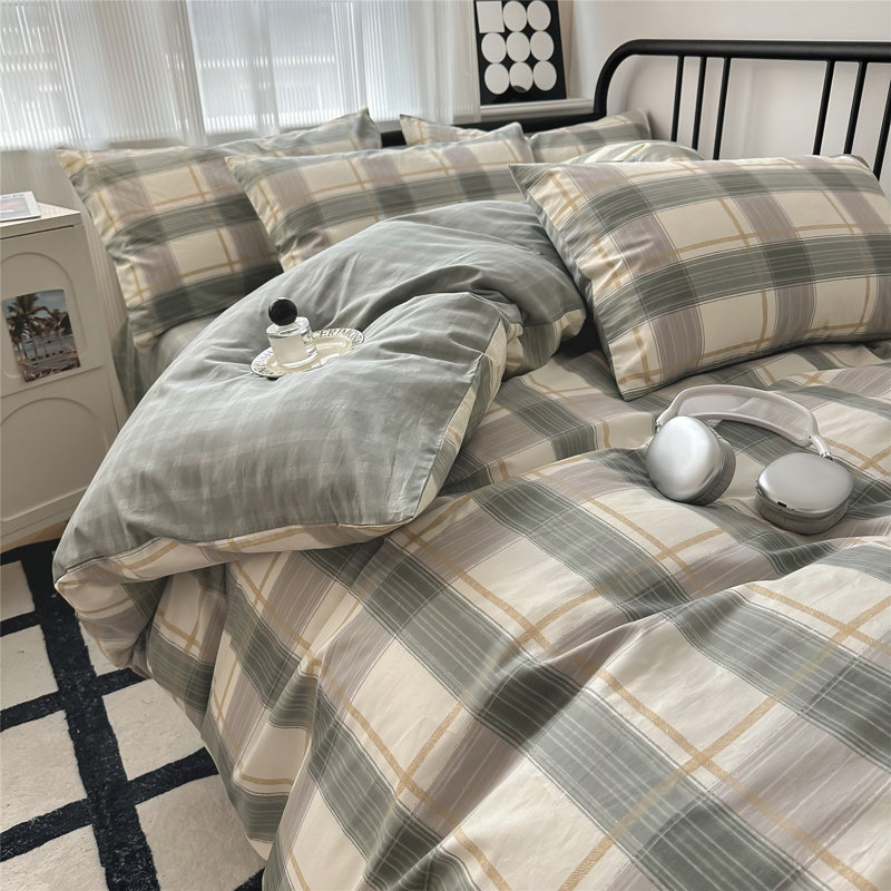 Modern Design 100% Cotton Duvet Cover Set, Queen Duvet Cover + 2 Standard Pillowcases, Green Plaid
