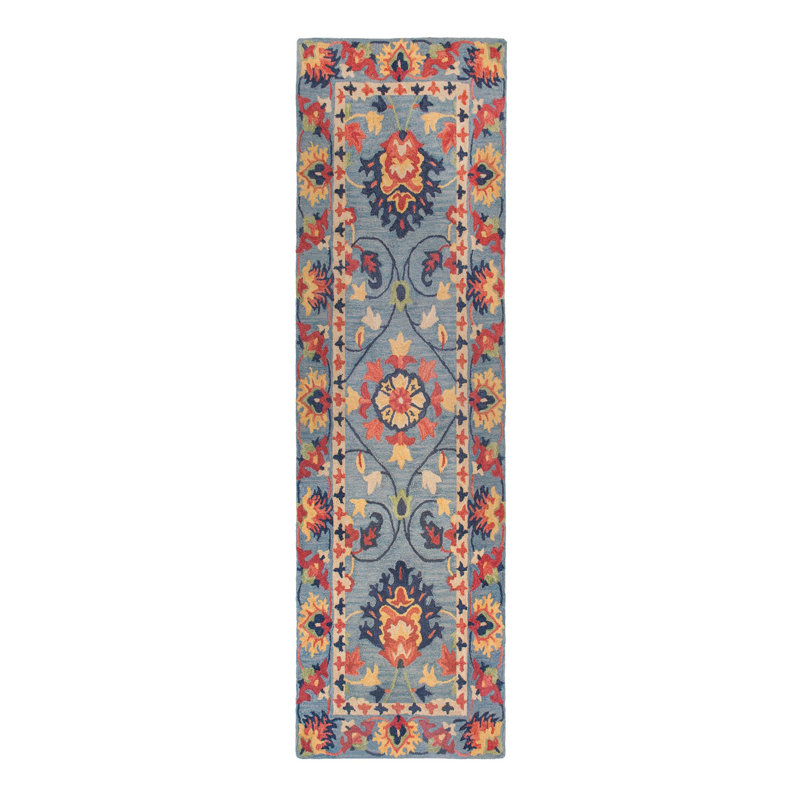 Williamsburg Floral Handmade Tufted Wool Blue/Red Area Rug, Runner 2'3" x 8'