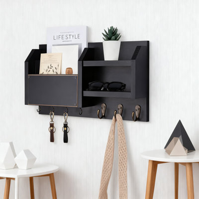 Wall Mount Key Holder With Mail Organizer And 7 Metal Hooks, Natural Paulownia Wood Entryway Storage Shelf With Blackboard For Home And Office