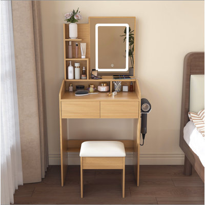 Coiffeuse avec miroir lumineux à DEL, prise de courant, support pour sèche-cheveux et tabouret - coiffeuse compacte pour petites chambres