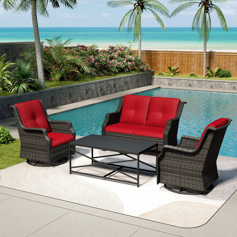 4-Person PE Wicker Outdoor Patio Set with Loveseat,Chairs,Black Coffee Table & Red Cushion, Red