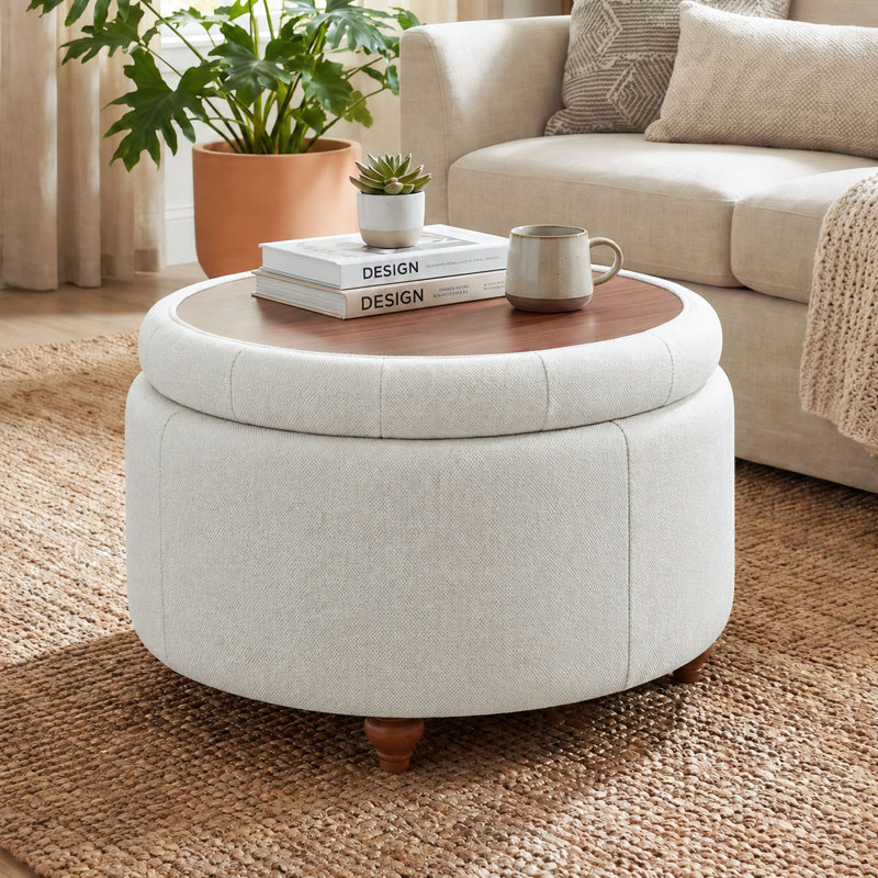 Repose-pieds rembourré avec rangement et coussin capitonné, Beige