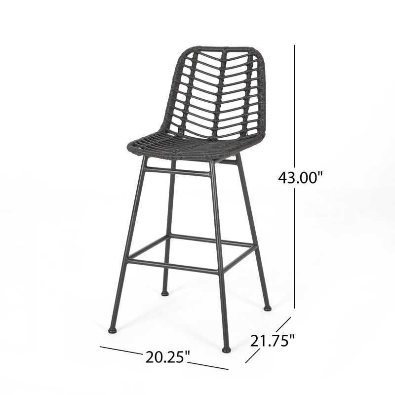 Gray and Black Wicker Outdoor Barstools with Iron Frame, Set of 2