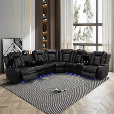210”breathing Leather Power Reclining Theater Sectional,led Lighting (set Of 3)