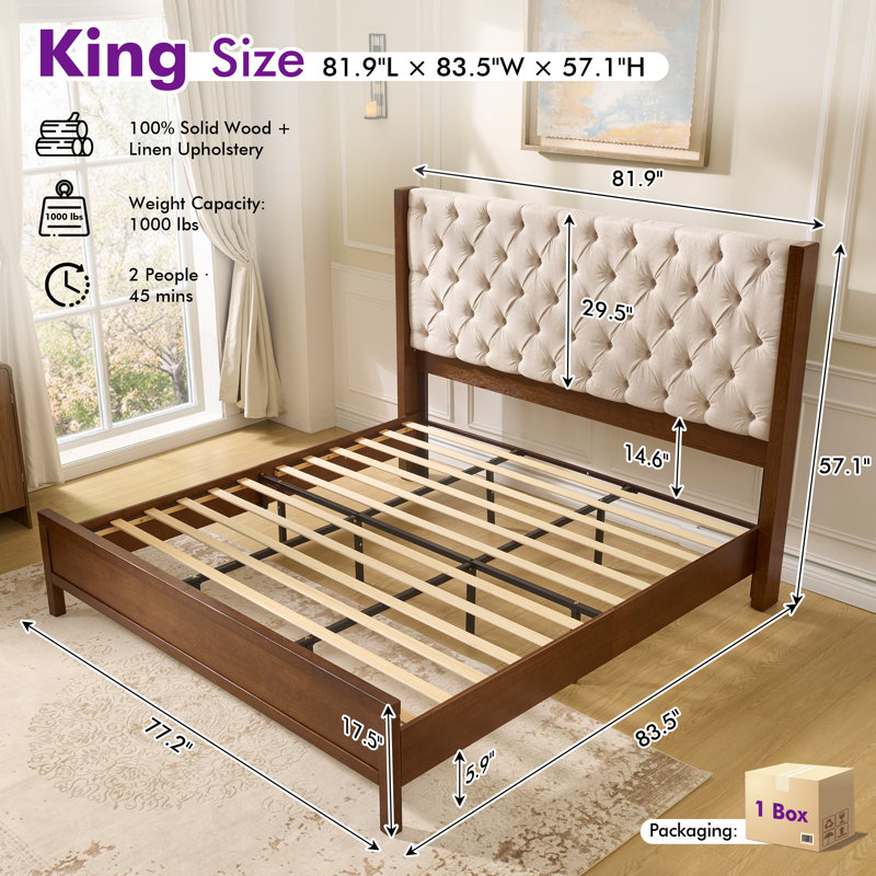 Tufted Upholstered Platform Bed with Wood Frame and Tall Headboard, Brown, King