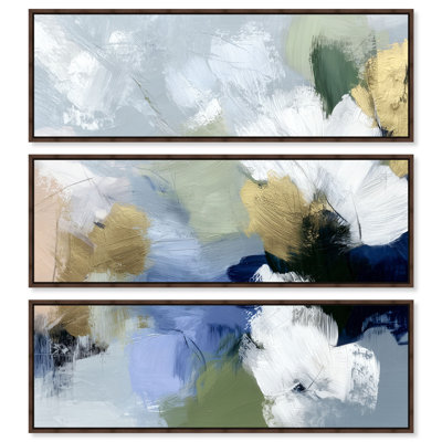 Ensemble de décoration murale sur toile encadrée Golden Leaf Haze III, couleur sauge, par Art Remedy, cadre en noyer, 48 x 16 pouces