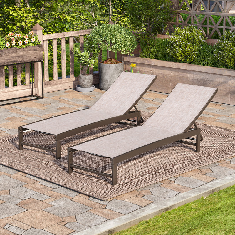  Antrea Metal Adjustable Reclining Chaise Lounge Set, Beige Mesh/Brown Frame
